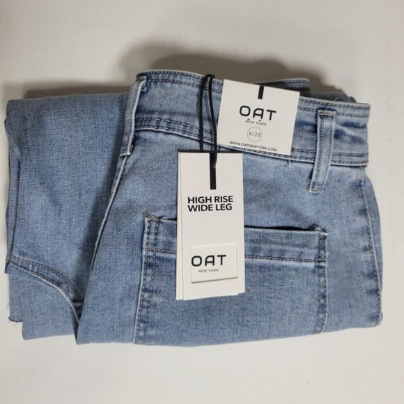 NEW Oat New York High Rise Wide Leg Jeans Size 6/28 Raw Hem Light/Med Wash - Picture 10 of 10